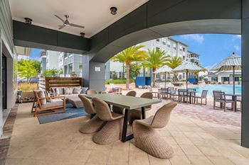 Covered Outdoor Pool Lounge With Large Table & Chairs